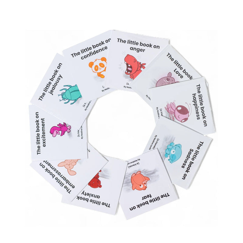 Set of small books with colorful covers and text on a white background