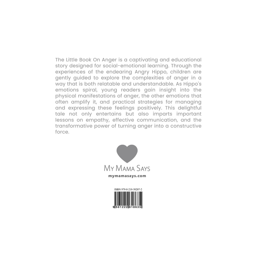 Back cover of a book titled 'The Little Book On Anger' by My Mama Says with text and a barcode.