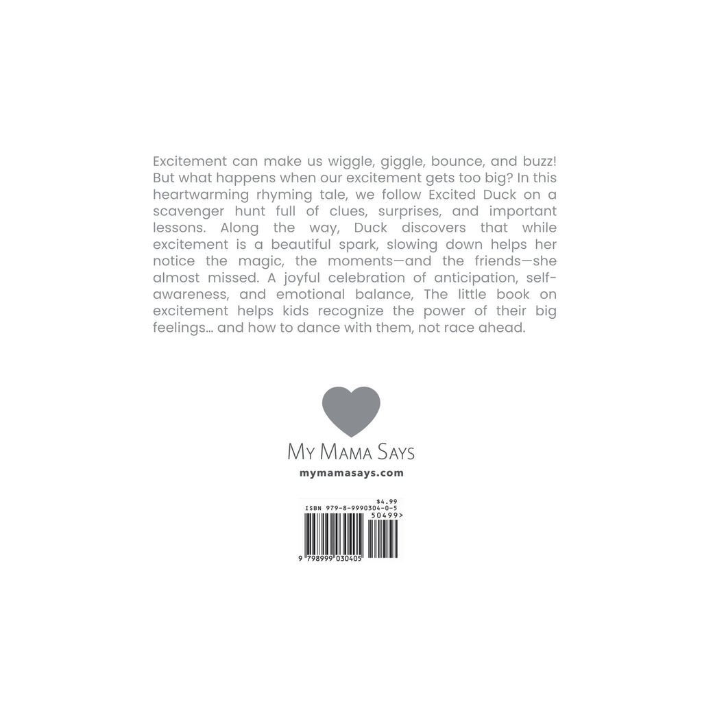 Back cover of a book with text and a heart-shaped logo, featuring the brand 'My Mama Says'.