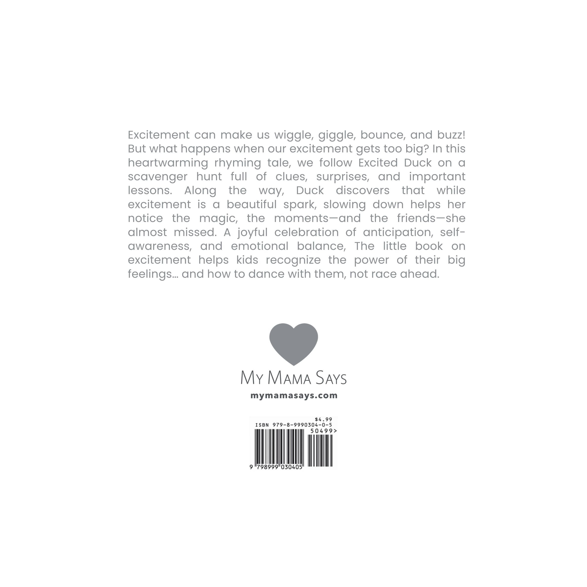 Back cover of a book with text and a heart-shaped logo, featuring the brand 'My Mama Says'.