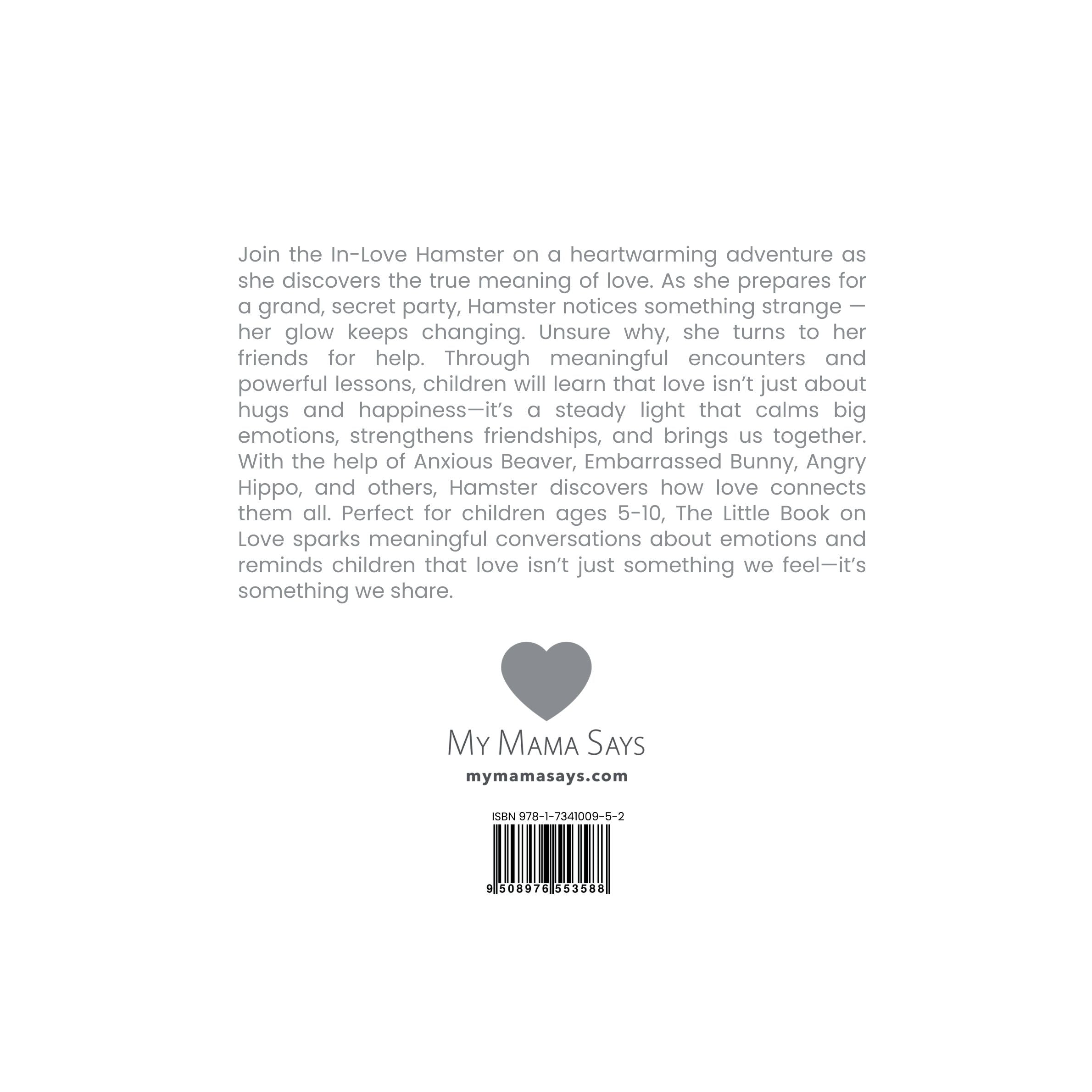 Back cover of a book with text and a heart-shaped logo, featuring the brand 'My Mama Says'.
