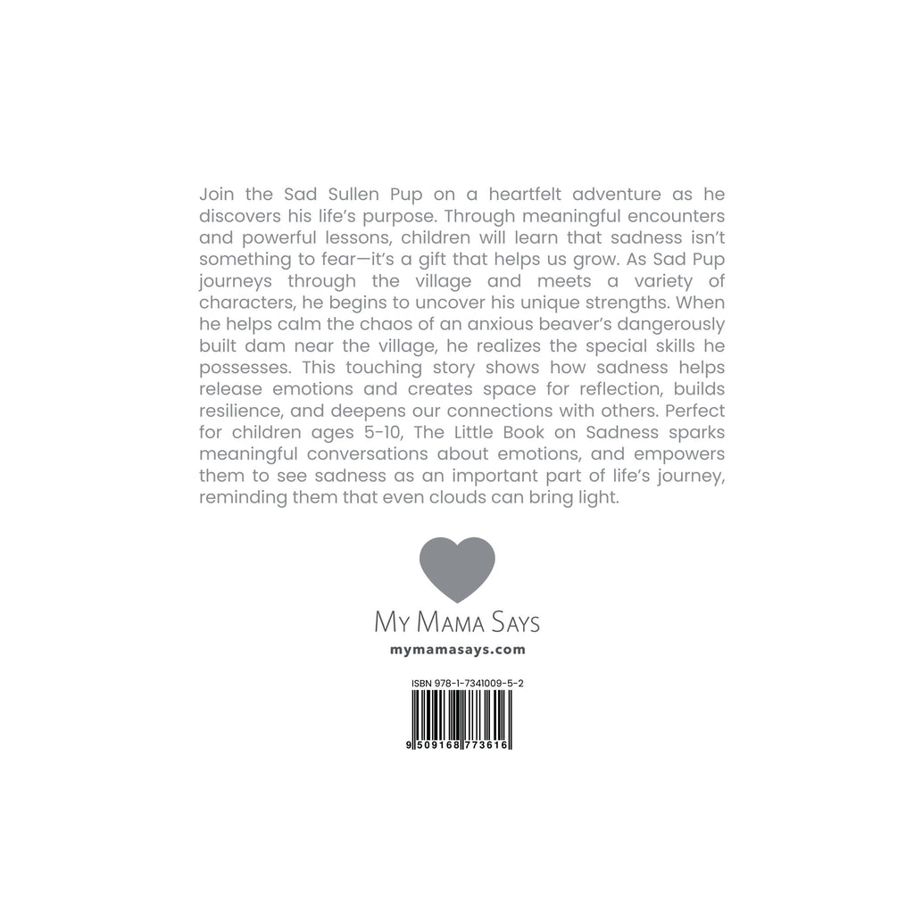 Back cover of a book with text and a heart symbol, featuring branding information.