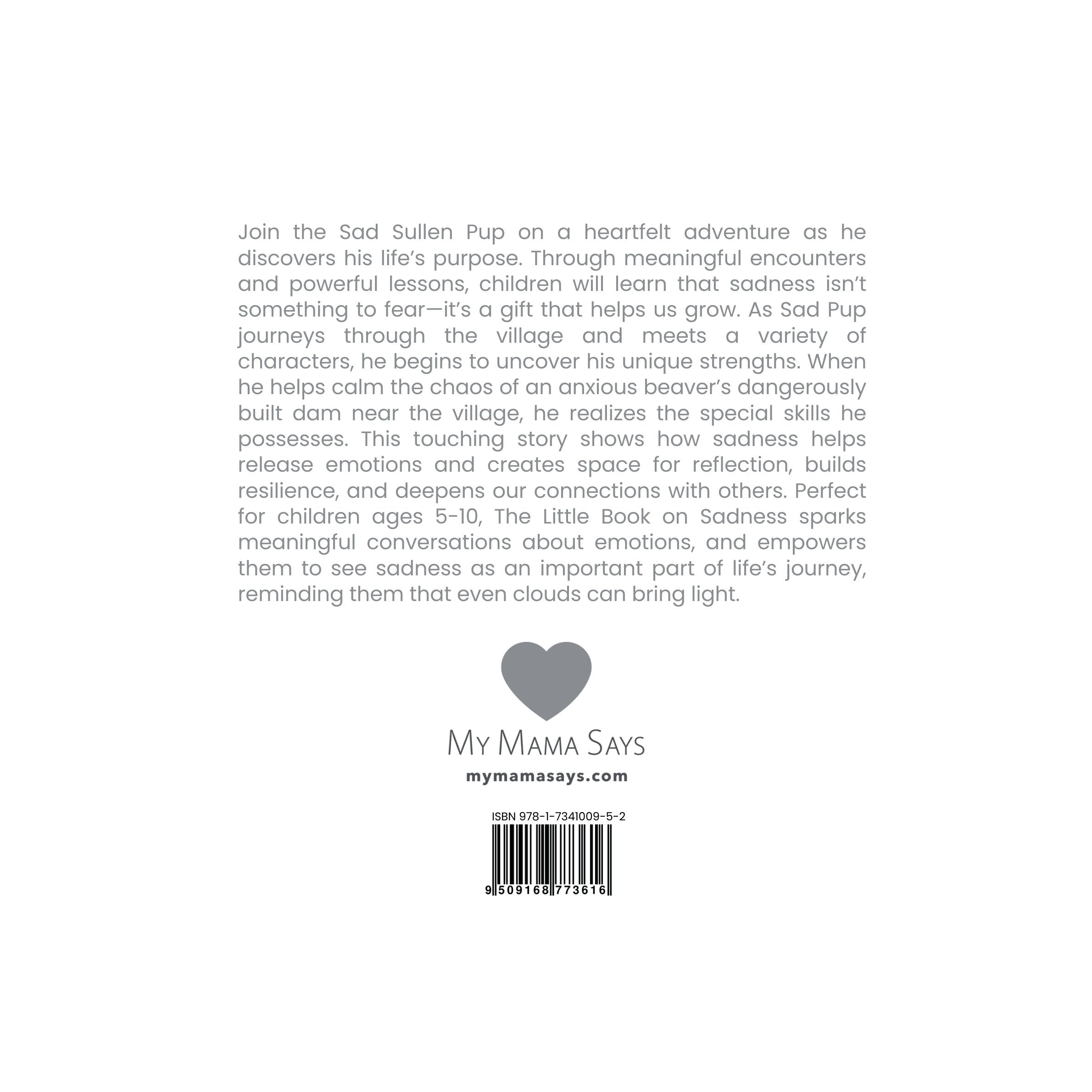 Back cover of a book with text and a heart symbol, featuring branding information.