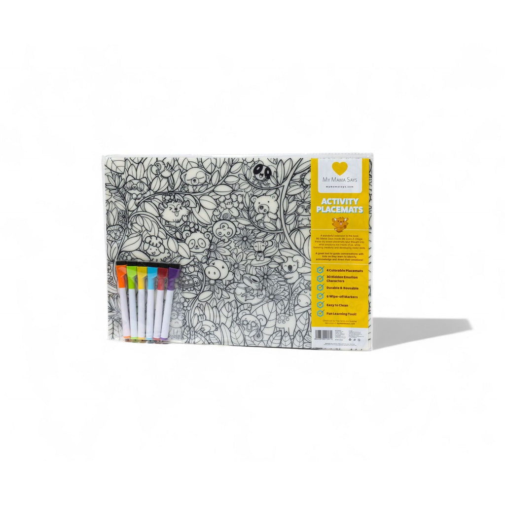 My Mama Says Happiness Toolkit coloring placemats for kids, an emotional regulation activity that teaches positive feelings, creativity, and healthy coping skills through mindful coloring.