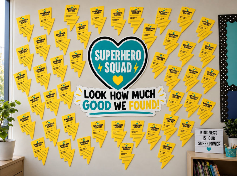 A classroom kindness wall of Superpower Sighting thunderbolts from the Superhero Initiative