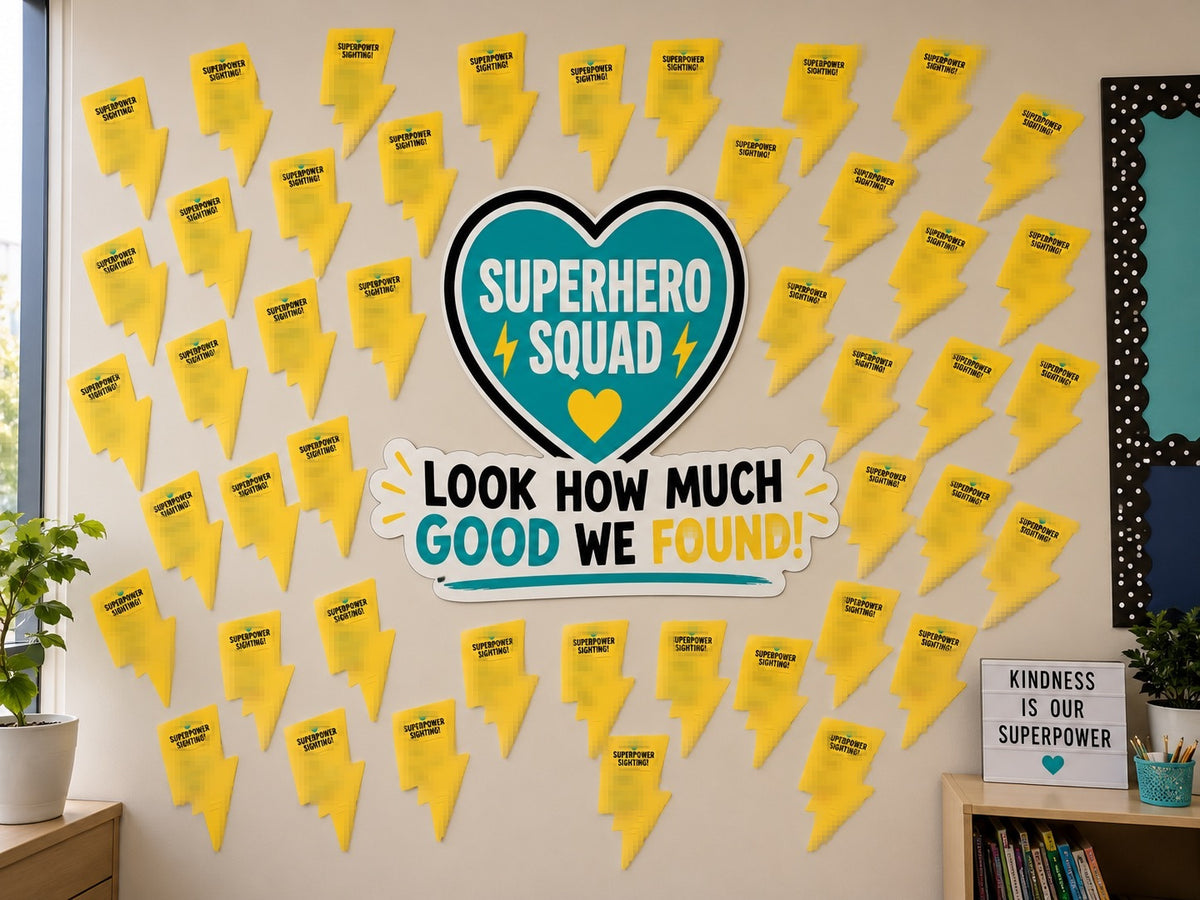 A classroom kindness wall of Superpower Sighting thunderbolts around the Superhero Squad heart