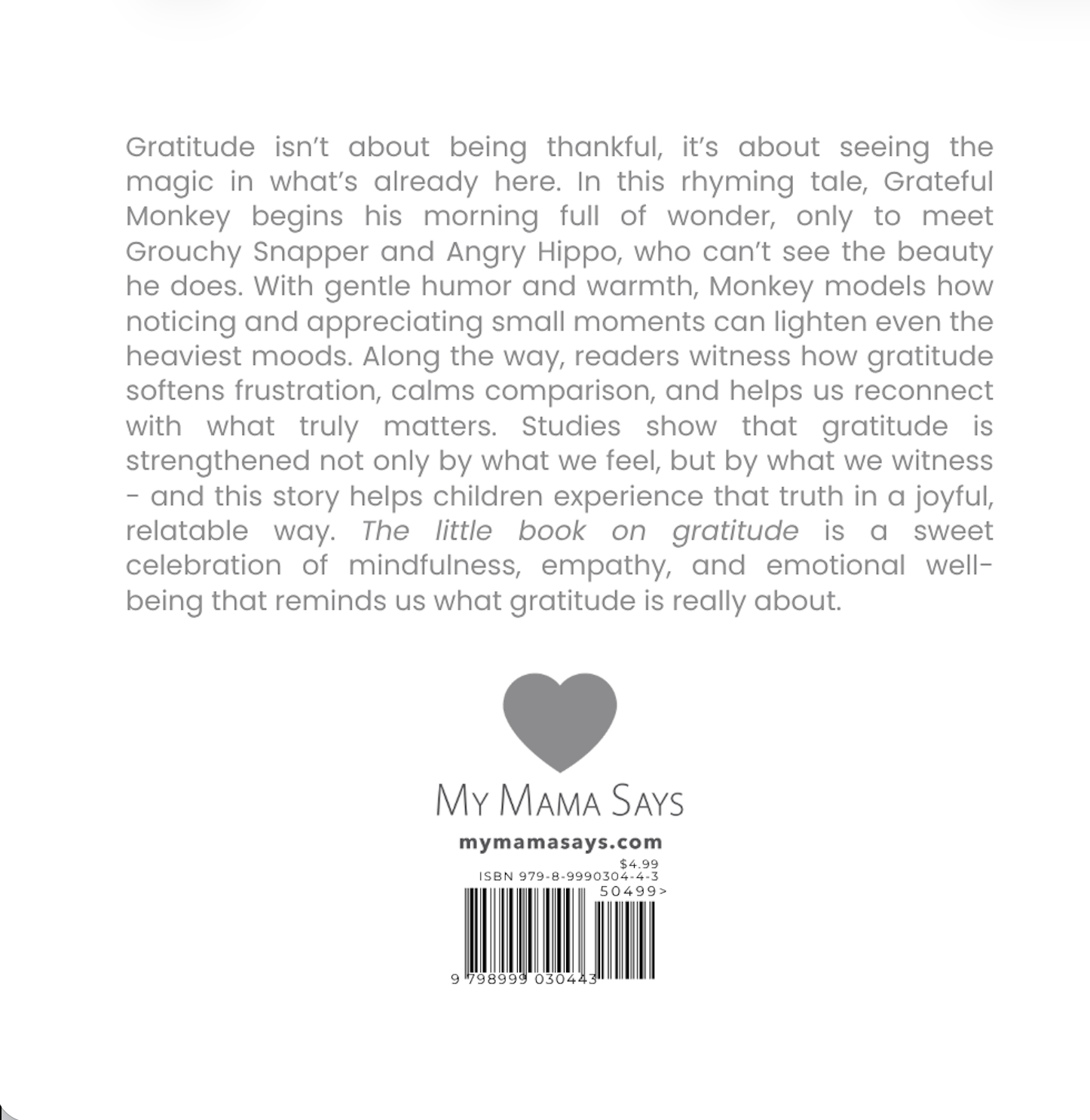 Back cover of a book with text about gratitude and a heart symbol, featuring the brand 'My Mama Says'.