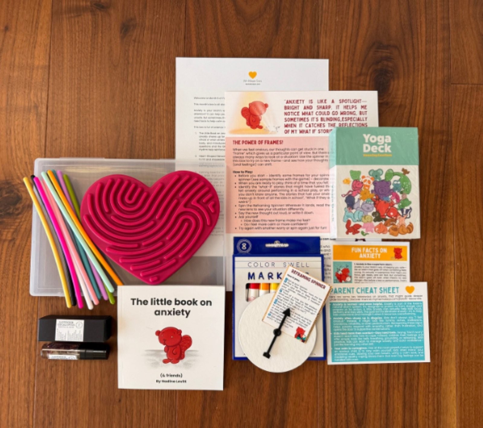 The anxiety kit laid out on a table